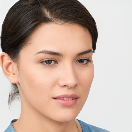 Neutral white young-adult female with medium  brown hair and brown eyes