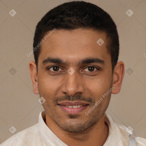 Joyful latino young-adult male with short  black hair and brown eyes