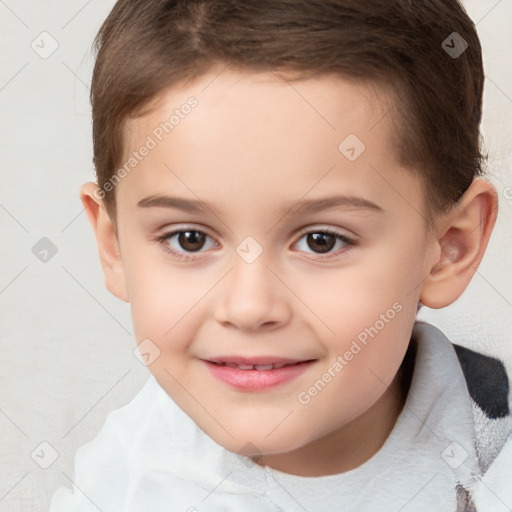 Joyful white child female with short  brown hair and brown eyes