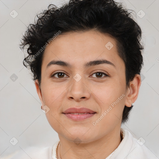 Joyful latino young-adult female with short  brown hair and brown eyes