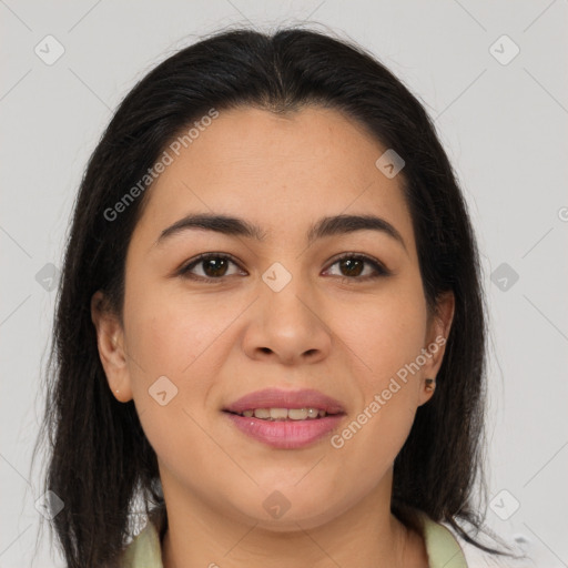 Joyful latino young-adult female with medium  brown hair and brown eyes