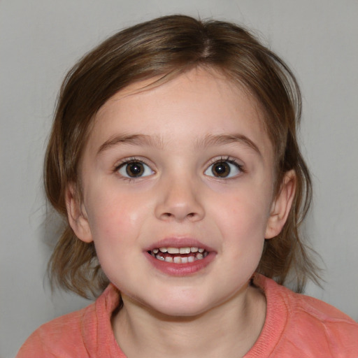 Joyful white child female with medium  brown hair and blue eyes