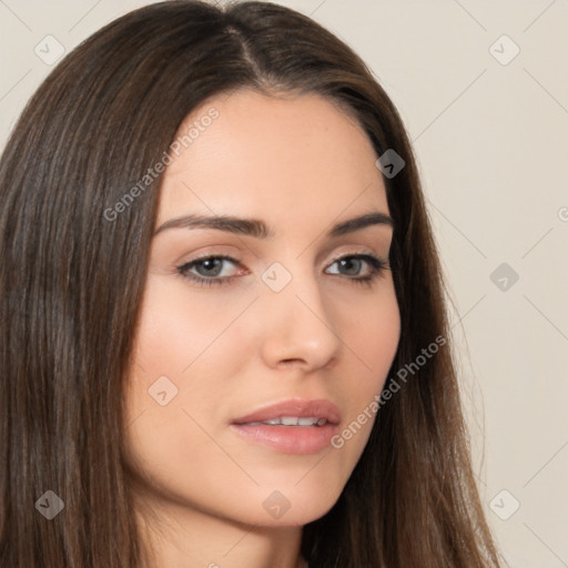 Neutral white young-adult female with long  brown hair and brown eyes