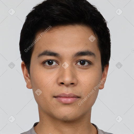 Neutral latino young-adult male with short  black hair and brown eyes