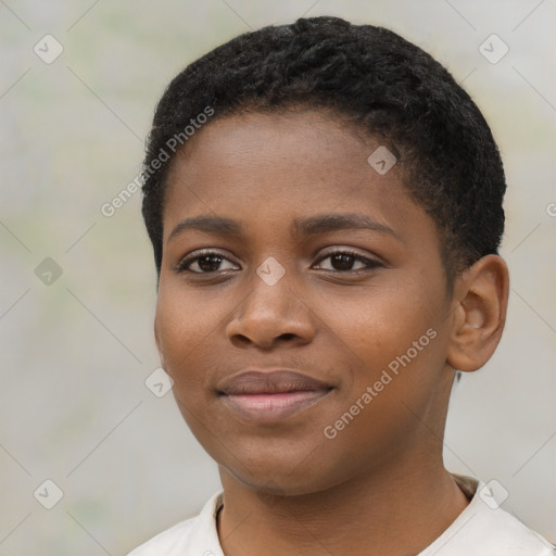 Neutral black young-adult female with short  black hair and brown eyes