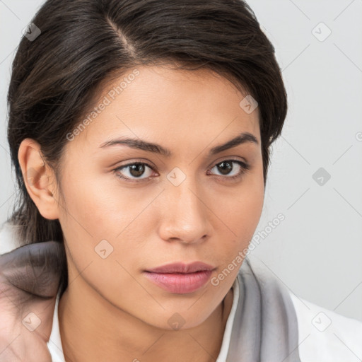 Neutral white young-adult female with medium  brown hair and brown eyes