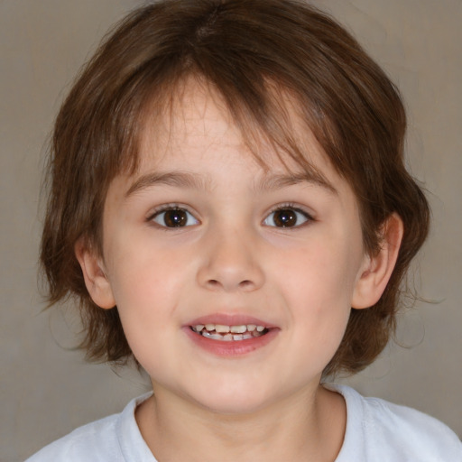 Joyful white child female with medium  brown hair and brown eyes