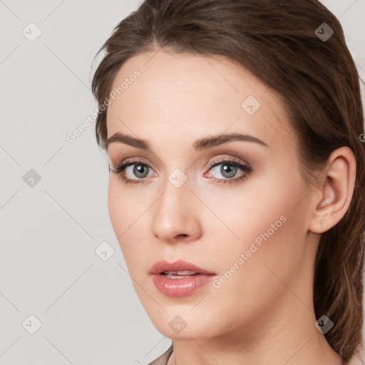 Neutral white young-adult female with long  brown hair and grey eyes