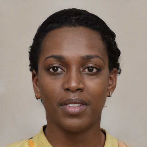 Neutral black young-adult female with short  black hair and brown eyes
