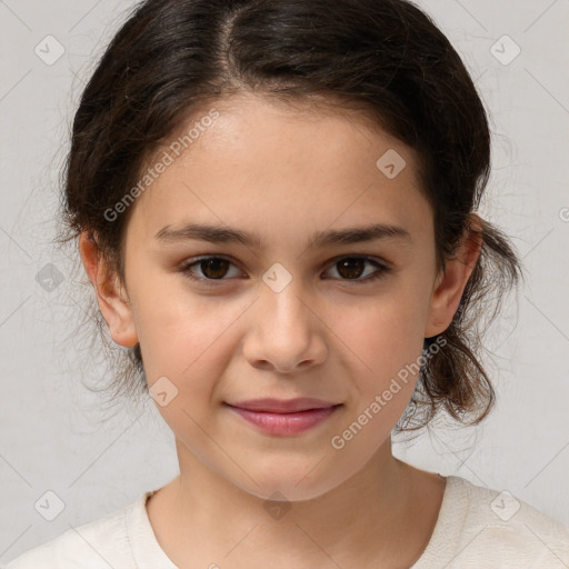 Joyful white child female with medium  brown hair and brown eyes