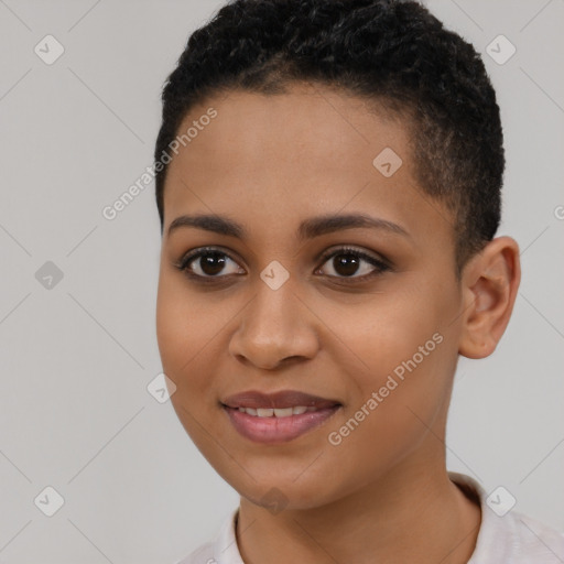 Joyful latino young-adult female with short  brown hair and brown eyes