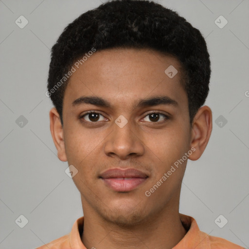 Joyful latino young-adult male with short  brown hair and brown eyes