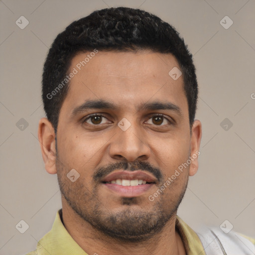 Neutral latino young-adult male with short  black hair and brown eyes