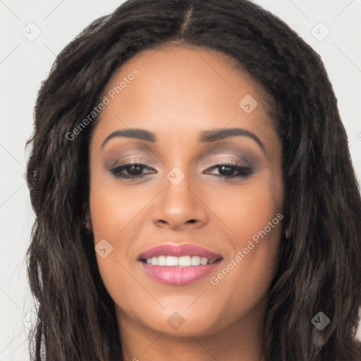 Joyful latino young-adult female with long  black hair and brown eyes