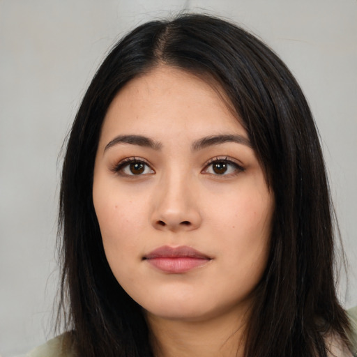 Neutral asian young-adult female with long  black hair and brown eyes