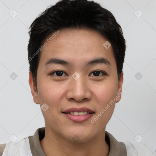 Joyful asian young-adult male with short  brown hair and brown eyes