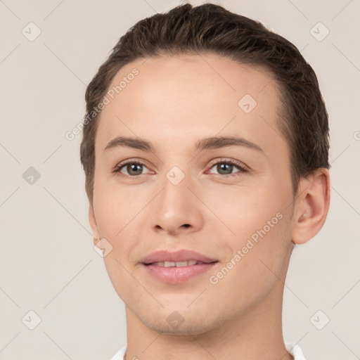 Joyful white young-adult female with short  brown hair and brown eyes