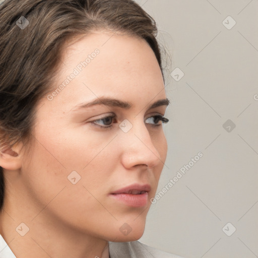 Neutral white young-adult female with short  brown hair and brown eyes