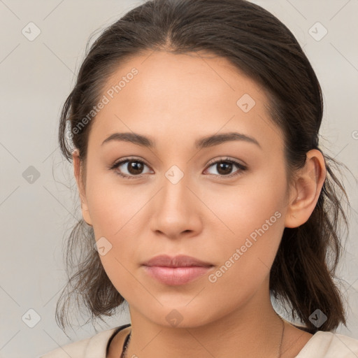 Neutral white young-adult female with medium  brown hair and brown eyes