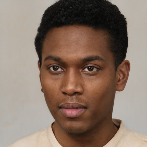 Neutral black young-adult male with short  black hair and brown eyes