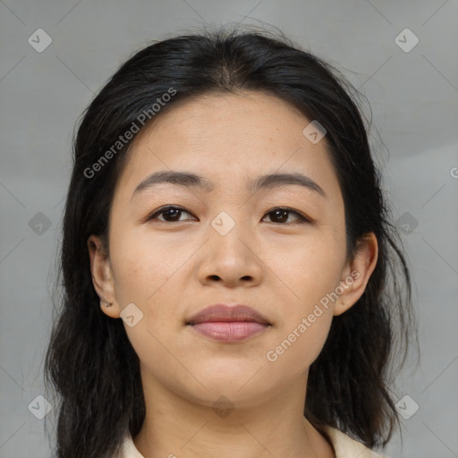 Neutral asian young-adult female with medium  brown hair and brown eyes