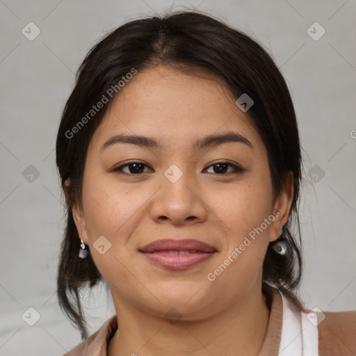 Joyful asian young-adult female with medium  brown hair and brown eyes