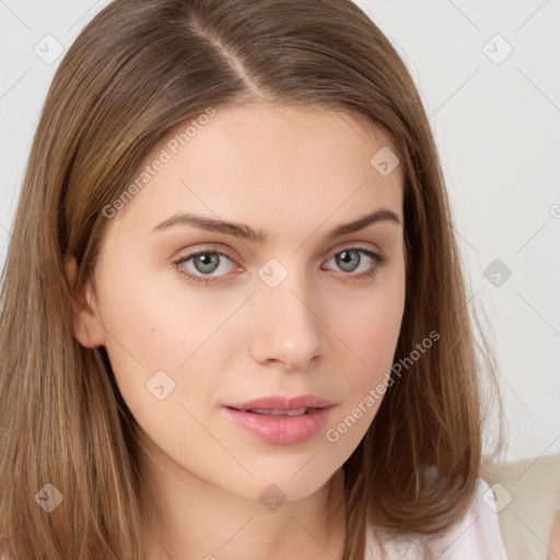 Neutral white young-adult female with long  brown hair and brown eyes