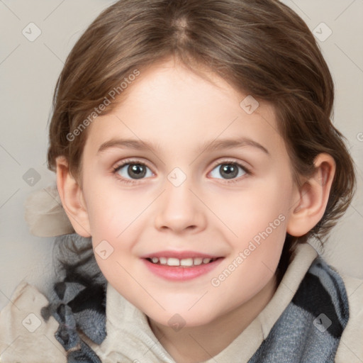 Joyful white child female with medium  brown hair and blue eyes