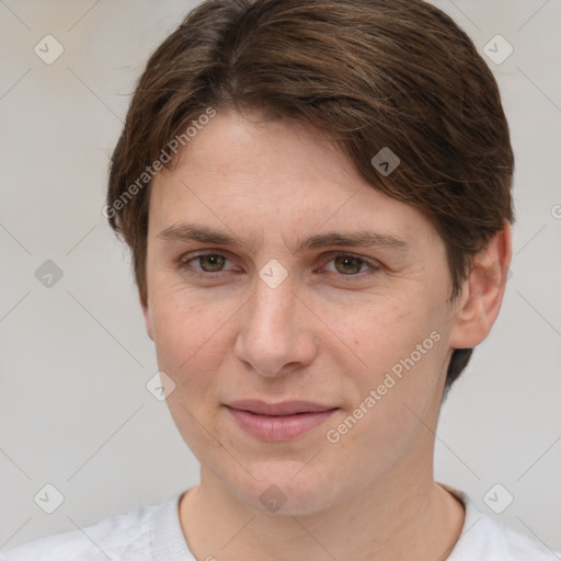 Joyful white young-adult female with short  brown hair and grey eyes