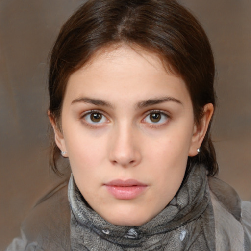 Neutral white young-adult female with medium  brown hair and brown eyes