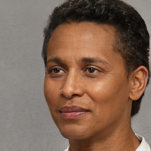 Neutral black adult male with short  black hair and brown eyes