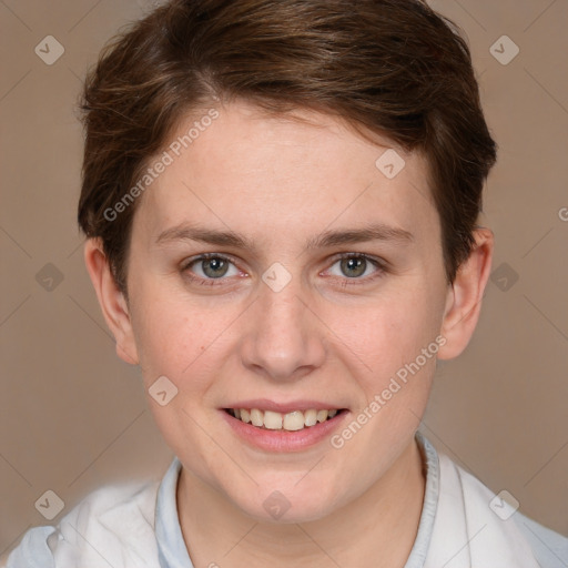 Joyful white young-adult female with short  brown hair and grey eyes