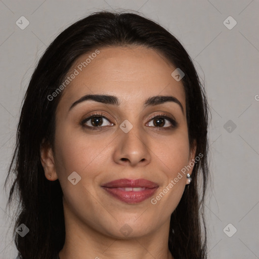 Joyful white young-adult female with long  brown hair and brown eyes