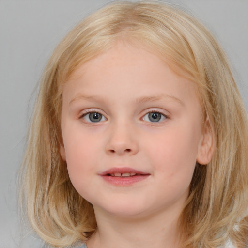 Neutral white child female with medium  brown hair and blue eyes