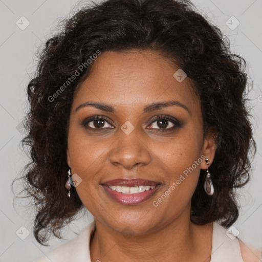 Joyful black young-adult female with medium  brown hair and brown eyes