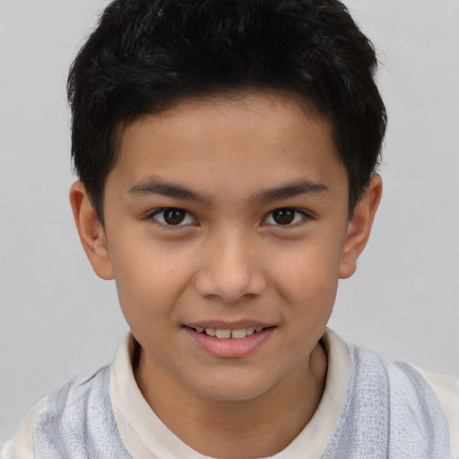 Joyful asian child male with short  brown hair and brown eyes