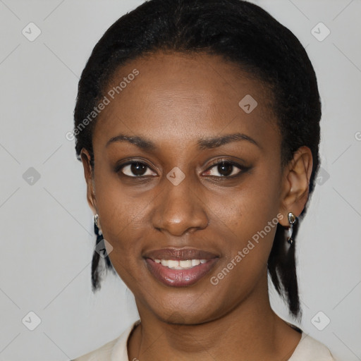 Joyful black young-adult female with medium  black hair and brown eyes