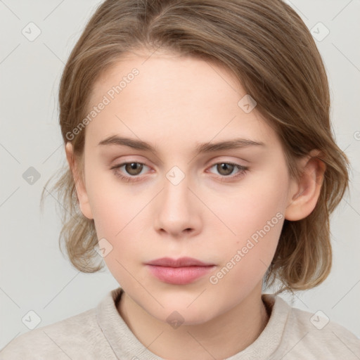 Neutral white young-adult female with medium  brown hair and brown eyes