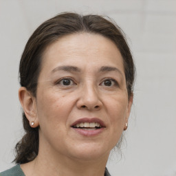 Joyful white adult female with medium  brown hair and brown eyes