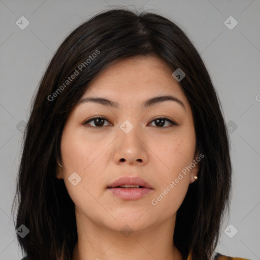 Neutral asian young-adult female with medium  brown hair and brown eyes