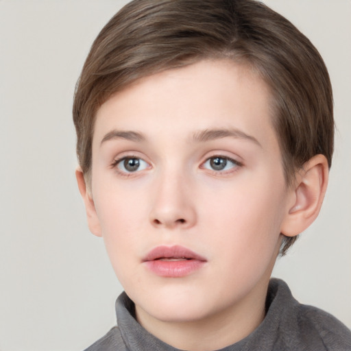 Neutral white child female with short  brown hair and grey eyes