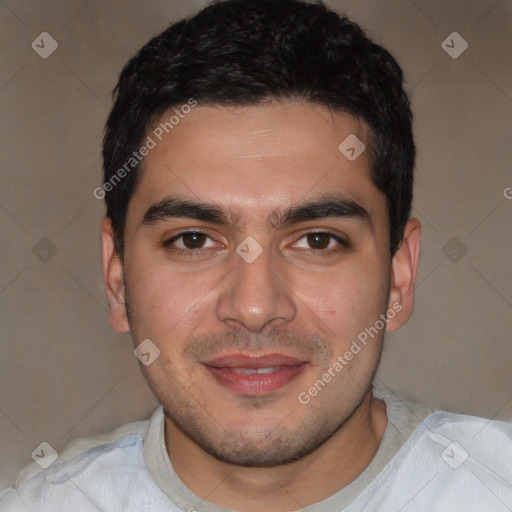 Joyful white young-adult male with short  black hair and brown eyes