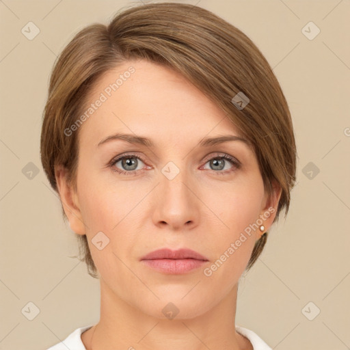 Joyful white young-adult female with medium  brown hair and green eyes