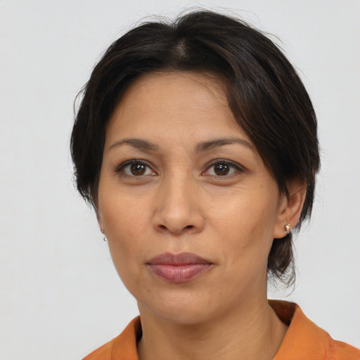 Neutral asian adult female with medium  brown hair and brown eyes