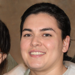 Joyful white young-adult male with medium  brown hair and brown eyes