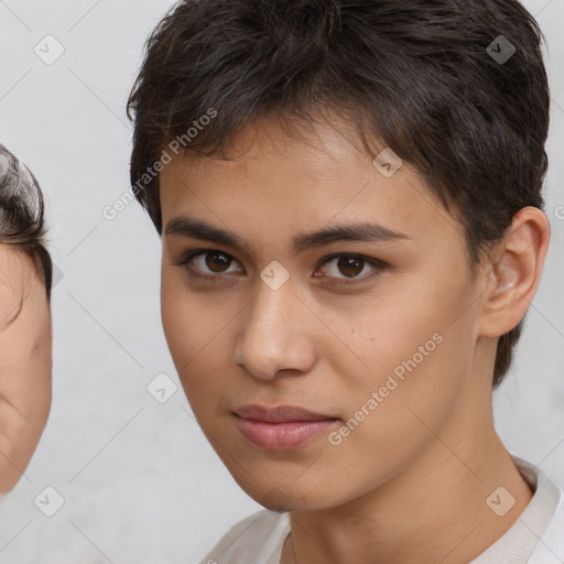 Neutral white young-adult female with short  brown hair and brown eyes