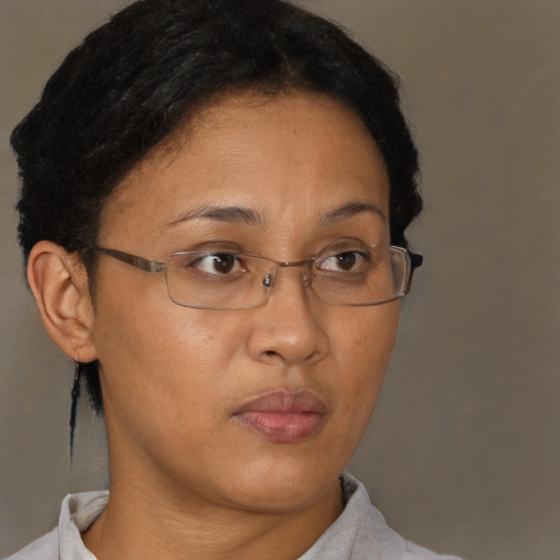 Neutral asian adult female with short  brown hair and brown eyes
