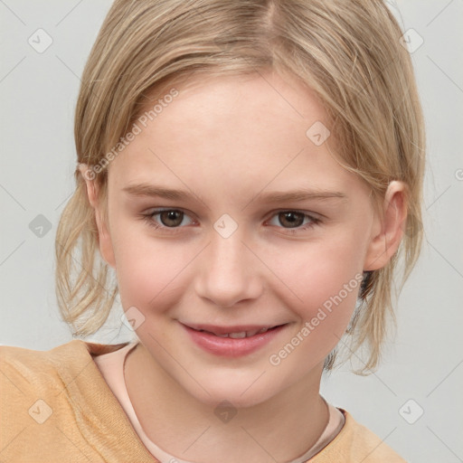 Joyful white child female with medium  brown hair and brown eyes