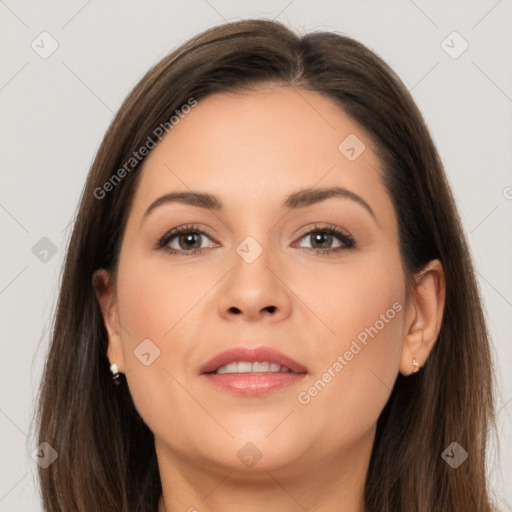 Joyful white young-adult female with long  brown hair and brown eyes