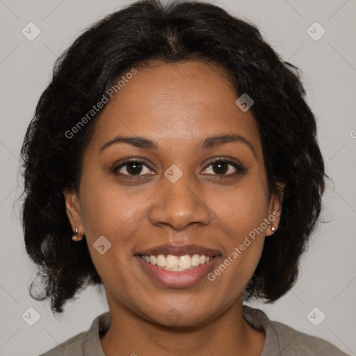 Joyful black young-adult female with medium  brown hair and brown eyes